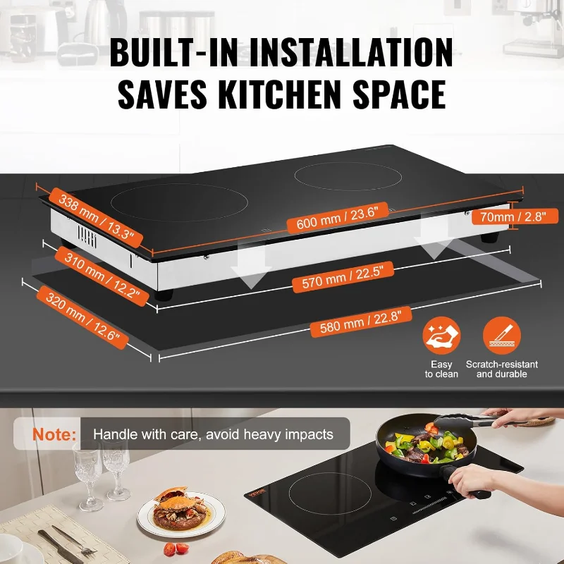 VEVOR 電気ラジアントクックトップ、24インチ 2バーナー内蔵電気ストーブトップ、1800W セラミックトップクックトップ、ガラスパネル付き