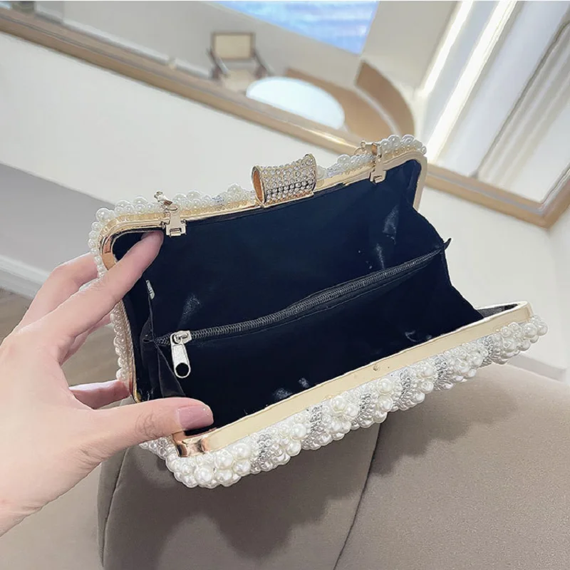 Vintage Pearl Women Handbag 2023 Diamond Evening Bag Luxury Wedding Bridal Ladies Clutch Chain White Shoulder Dress Dinner Bag