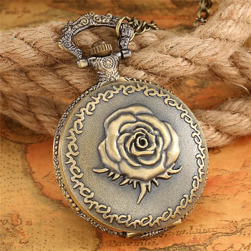 Antique Engraved Rose Flower Pocket Watch Retro Quartz Movement Watches with Necklace Sweater Chain Arabic Number Timepiece