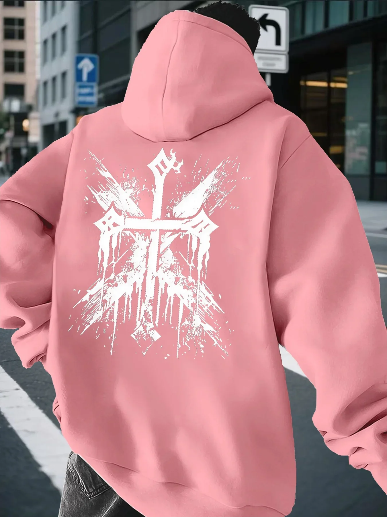 Dark Streetwear Hooded Sweatshirt Grunge Splash Cross Art Back Graphic Print Loose Fit Men Hoodie