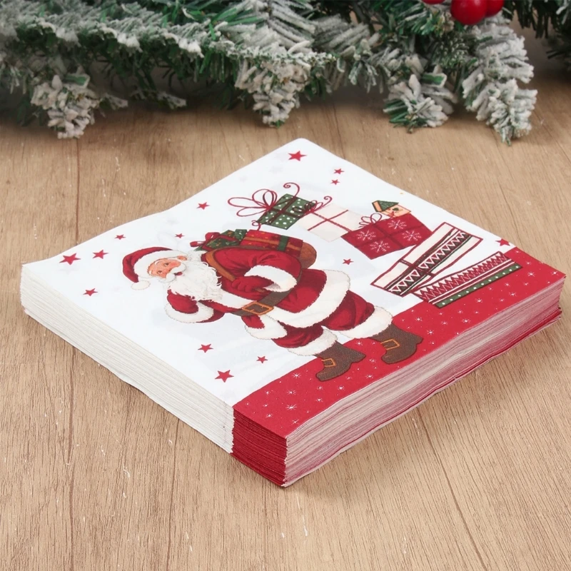 Christmas Party Napkins Cartoon Santa Gift and Star Print Tissue, 100 Count
