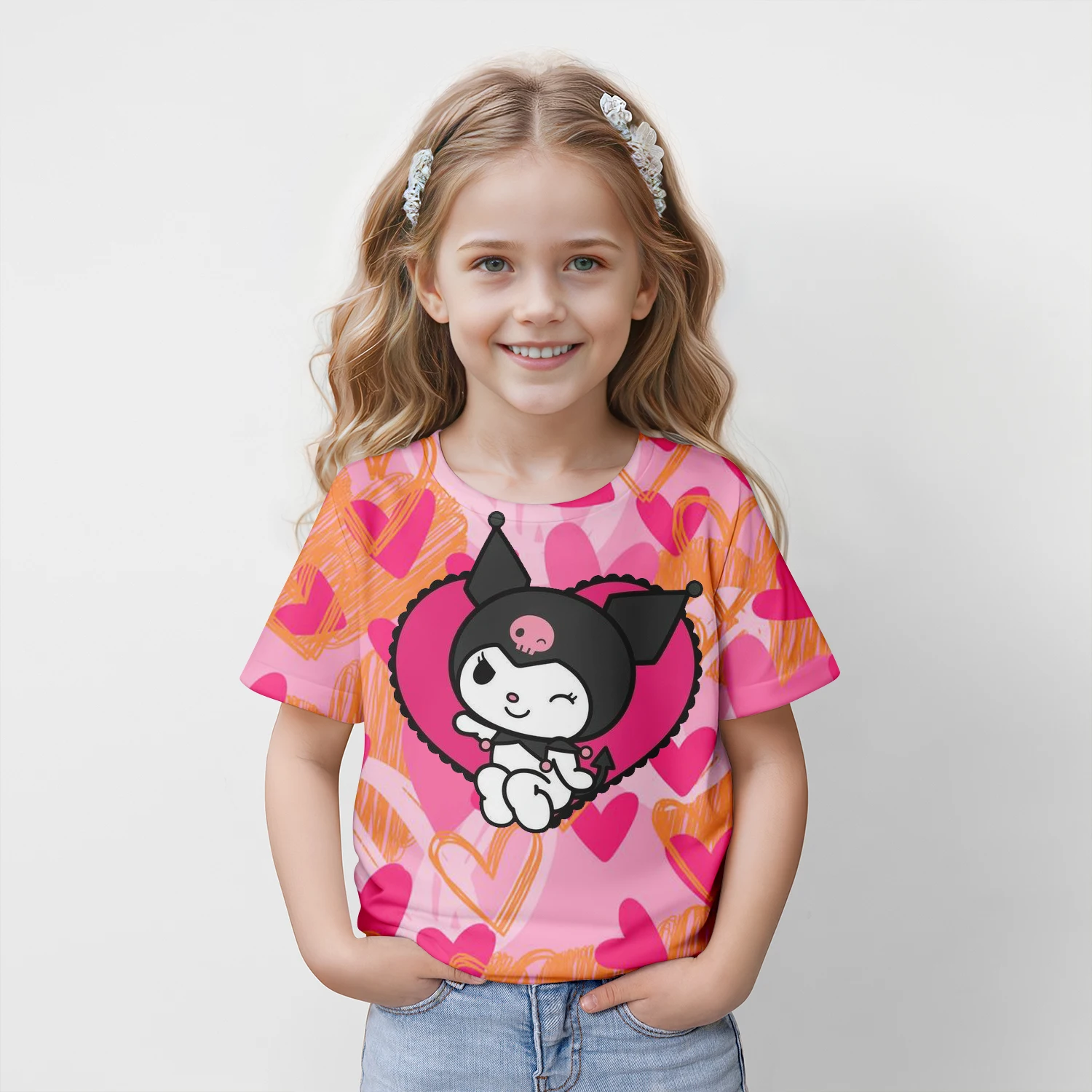 MINISO New Summer Children\'s T-shirt Kuromi 3D Printed Girl\'s Fashion Cartoon Top Cute Party Boys Trendy Short Sleeve Loose fit