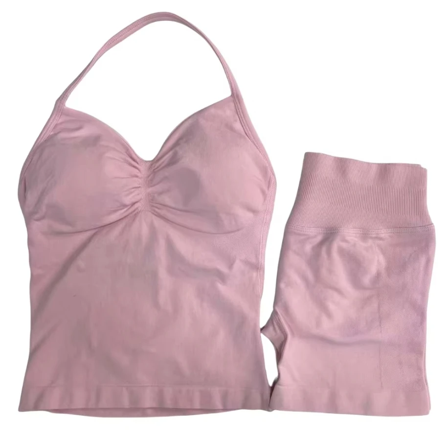 

2025 New 2-piece Summer Solid Color Seamless Women's Vest Tight Hip Lift Shorts Sports Yoga Set Cycling Mountaineering Yoga Set