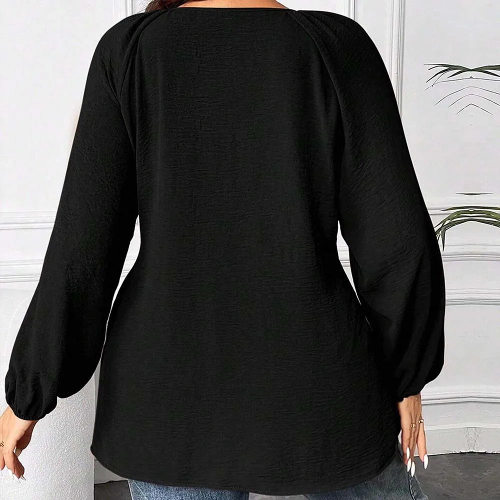 Plus Size Blouse Long Sleeves V Neck Shirt for Women Office Lady Solid Black Oversized Shirts Autumn Spring