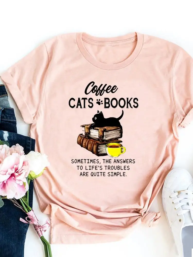 Cat Books Trend Letter śliczne graficzne koszulki damskie codzienne koszulki modny nadruk T Shirt z krótkim rękawem damskie ubrania najlepsze ubrania