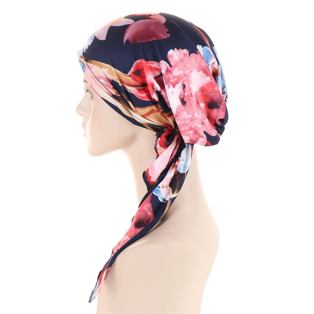 Muslim Women Printed Pre-Tied Headscarf Elastic Female Turban Cancer Chemo Hat Hair Loss Cover Head Wrap Headwear Stretch Bandan