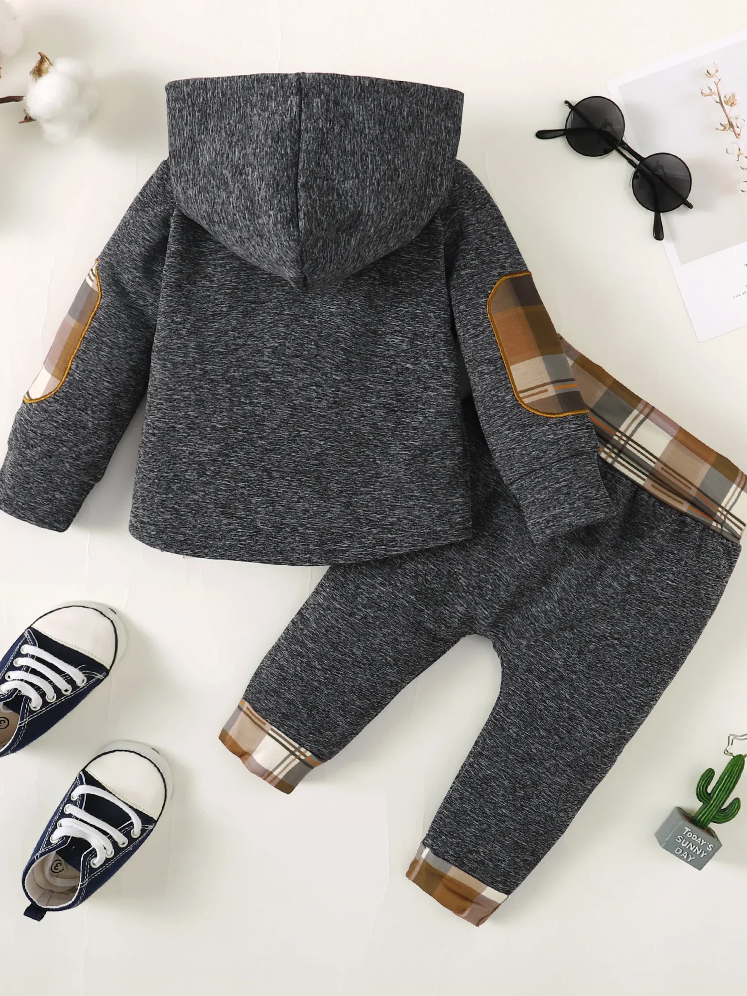 Winter Toddler Boy hoodie Clothes Baby Outfits, Little Boys Plaid Spliced Long-sleeved With Pants 2PCS Clothing Set