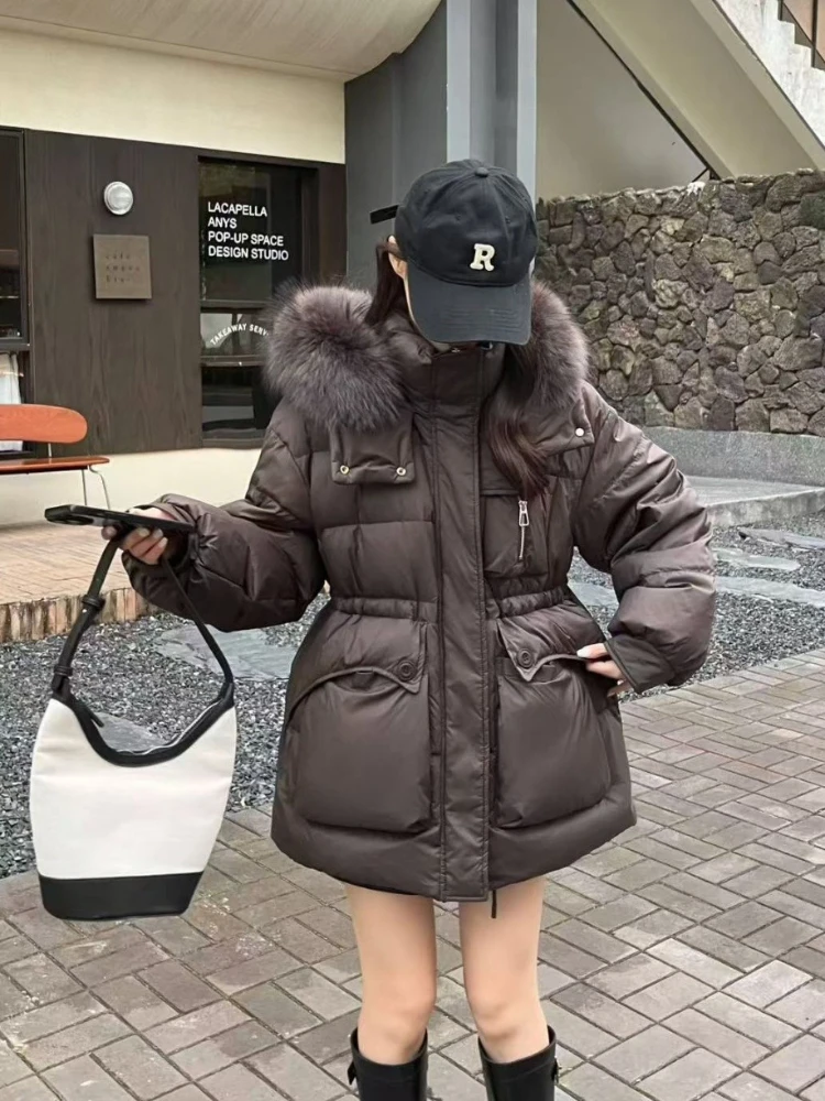 Women Winter Fur Coat Voluminous Fur Hood Belted Waist Zipper Closure Oversized Outerwear Street Style for Cold Climate Days