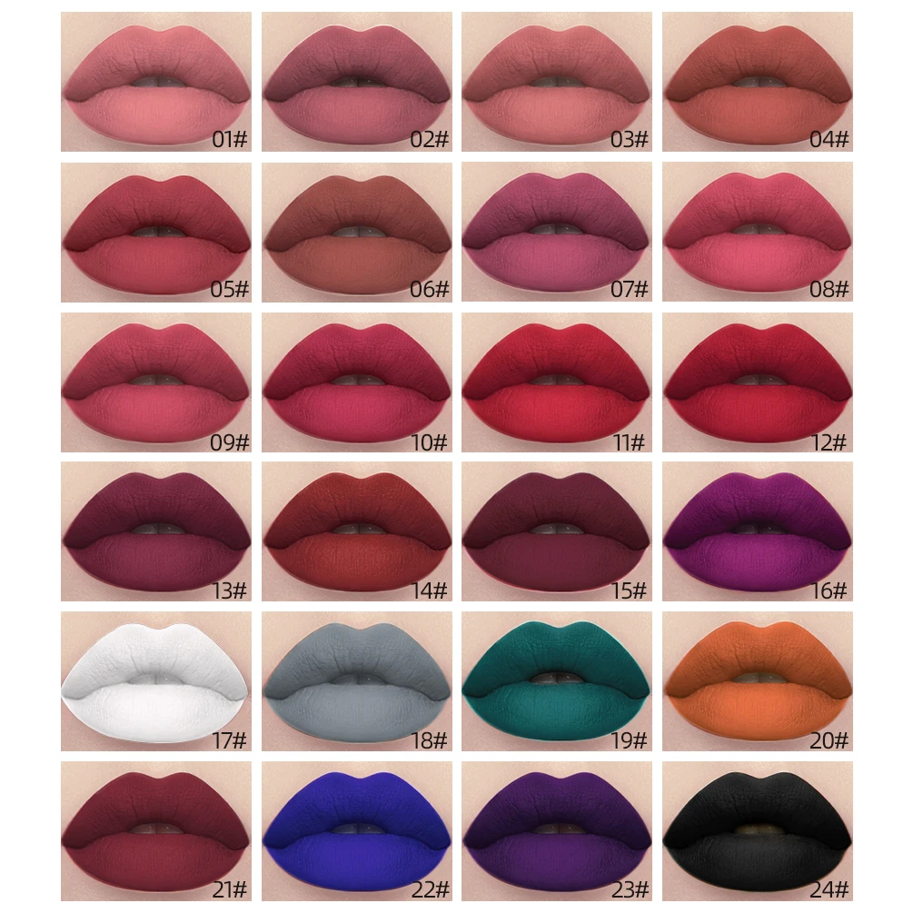 24 Kleuren Langdurige Matte Nude Vloeibare Lippenstift Waterdichte Antiaanbakbeker Sexy Nude Roodbruine Lipgloss Lippen Make-Up Cosmetica