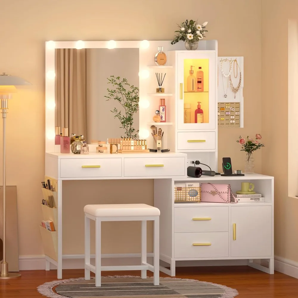 Makeup Vanity, Charging Station, LED Cabinet, 5 Drawers&Storage Bag, Vanity Mirror with Lights Desk and Chair, Vanity Table Set