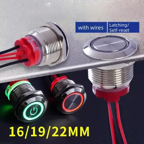 Push button /switch 16/19/22mm short Silver metal 6/12/24/220V self-locking reset latching with light with wire 15cm car on/off