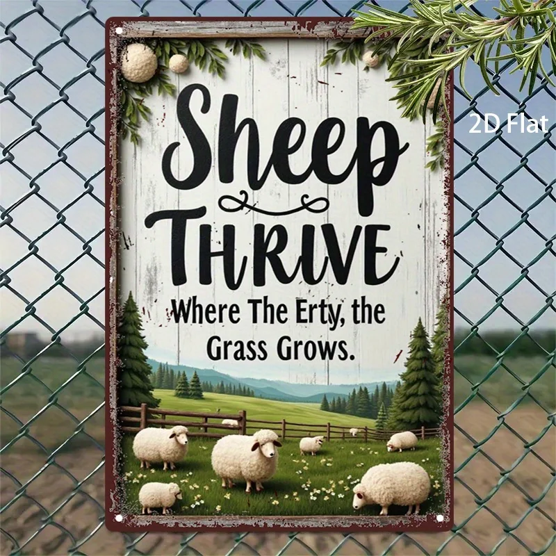 Panneau métallique en étain de ferme, pâturage rustique des moutons avec citation "Sheep Thrive Where the Grass Grows", fond blanc patiné