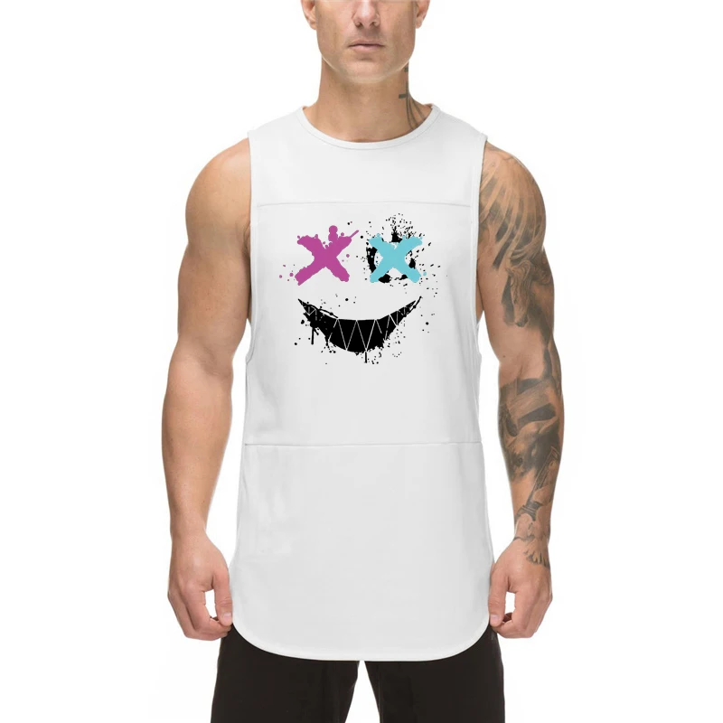 Trendy Personality Funny XX Smile Face Vests Gym Bodybuilding Training Sleeveless Shirts Mens Fitness Mesh Quick Dry Tank Tops