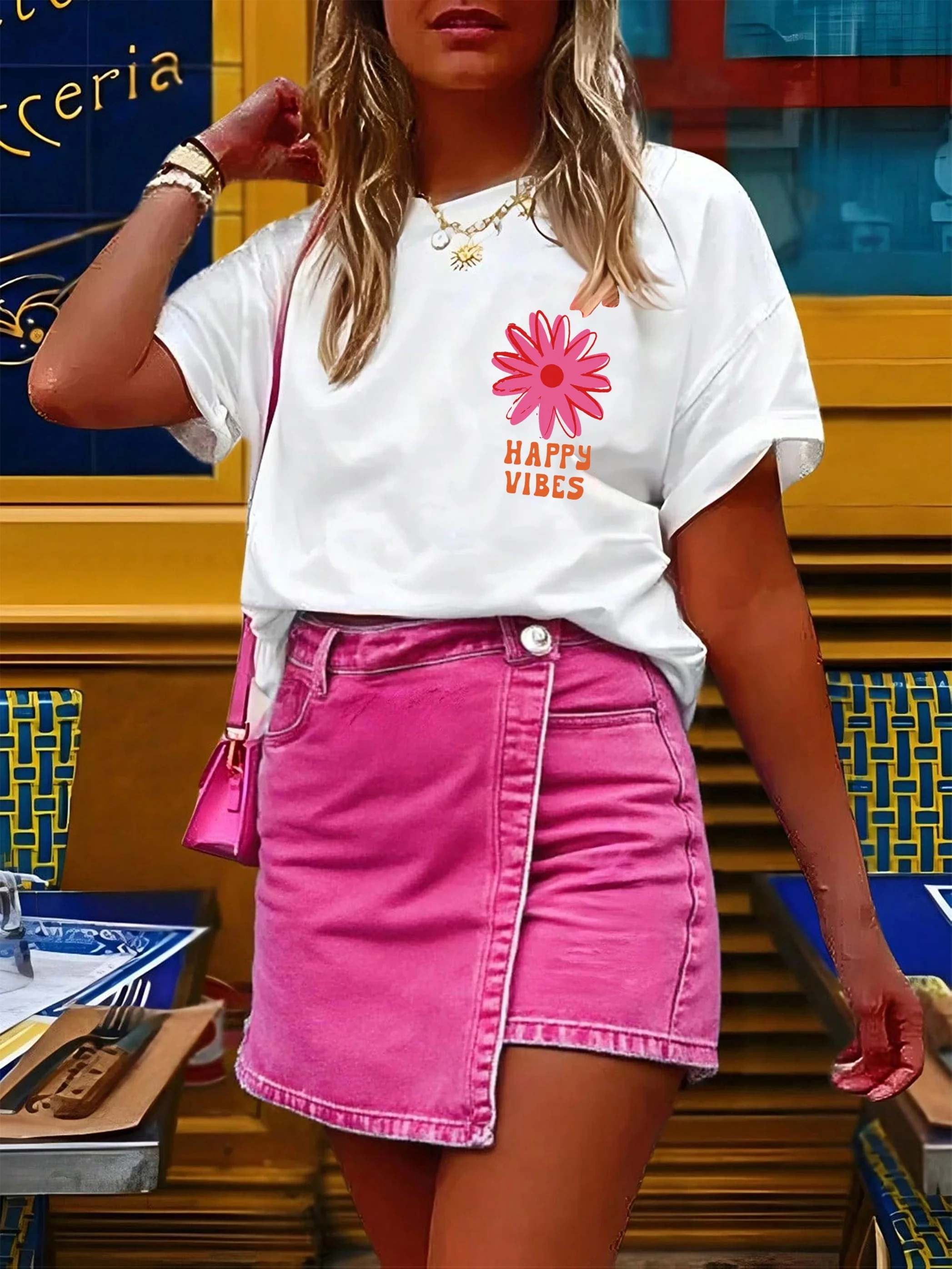 Happy Vibes Print Women'S T-Shirt, Soft And Comfortable, Suitable for Year-Round Wear
