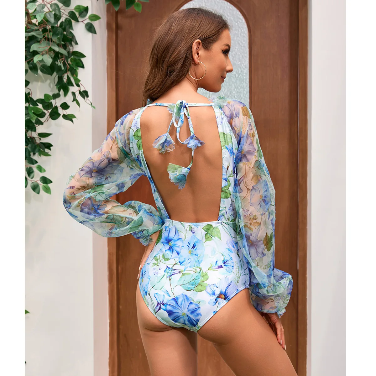 Costume da bagno intero floreale da donna, scollo a v, maniche lunghe, vacanze, nuovo, 2024