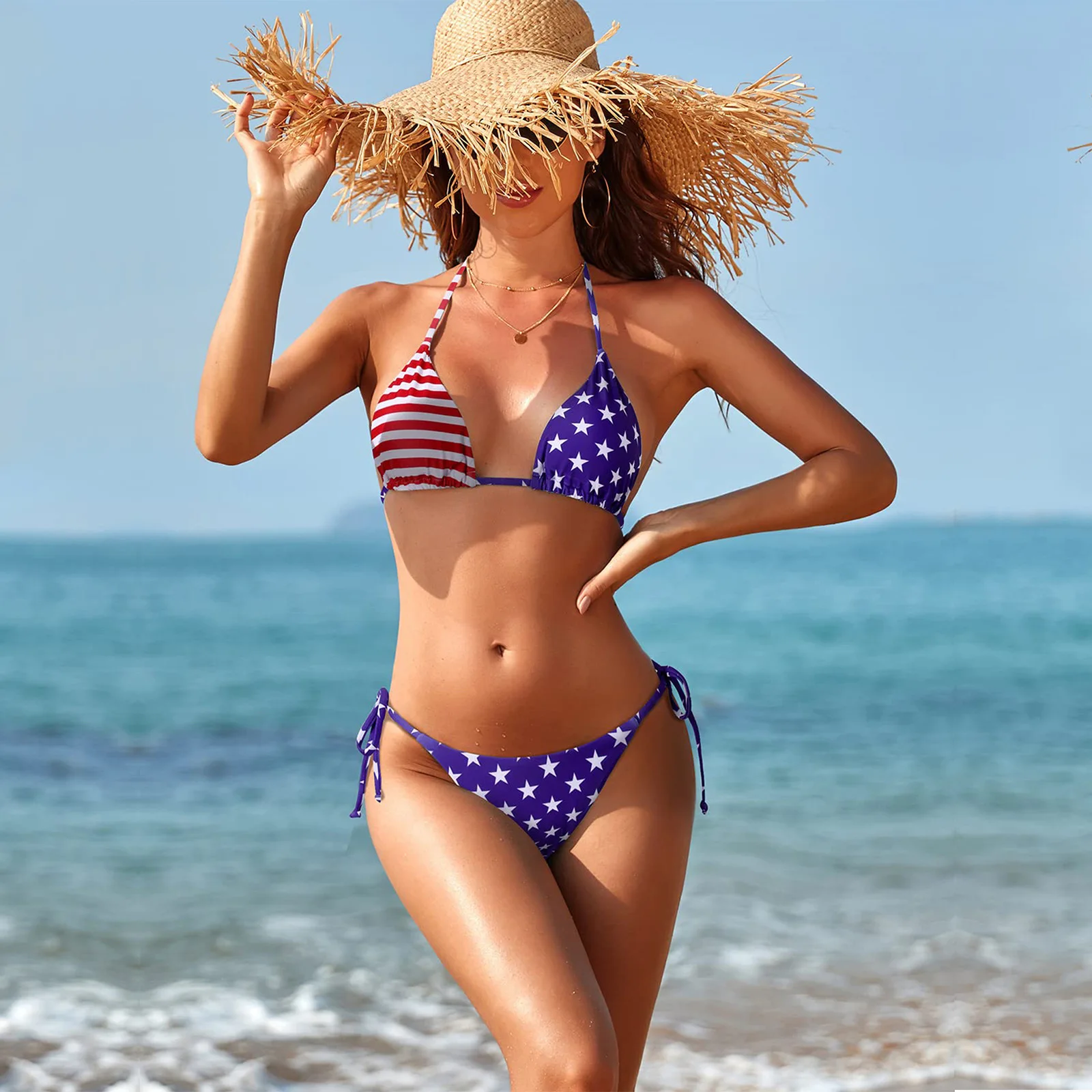 2024 Sexy Micro Bikini donna bandiera americana stampa cravatta laterale perizoma Biquinis per signora costumi da bagno String Bikini