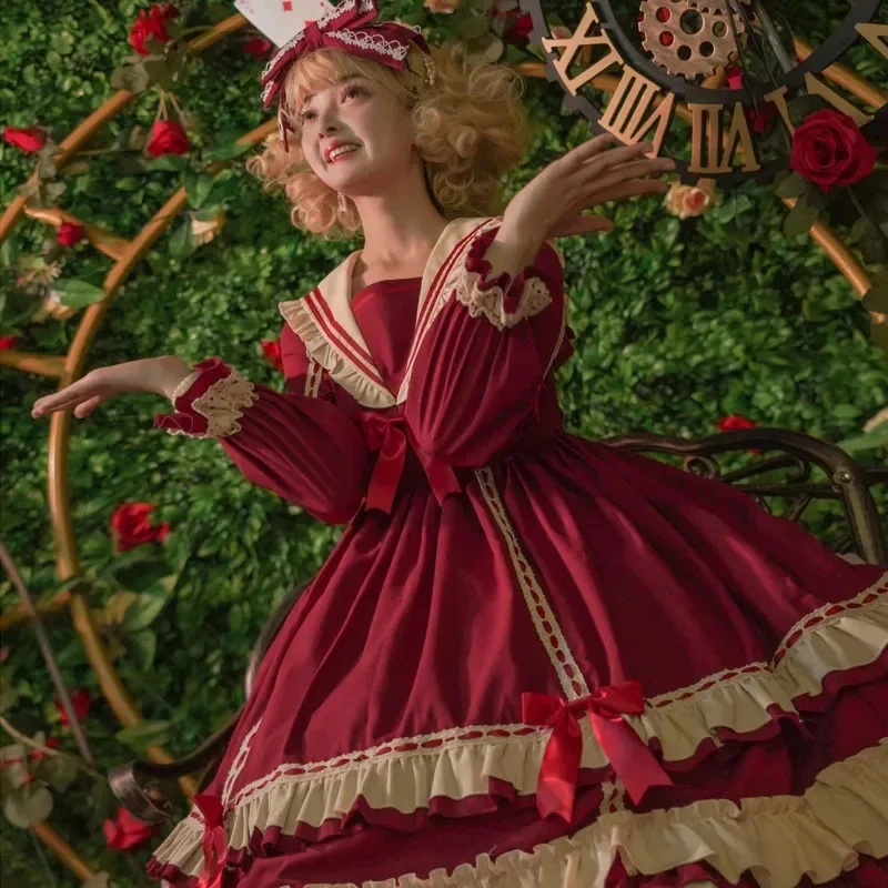 MAGOGO بنات عيد الميلاد OP كم طويل لوليتا فستان الأخوات الناعمة عالية الخصر الكشكشة تقسم الحلو القوس فستان حفلة المحكمة خمر