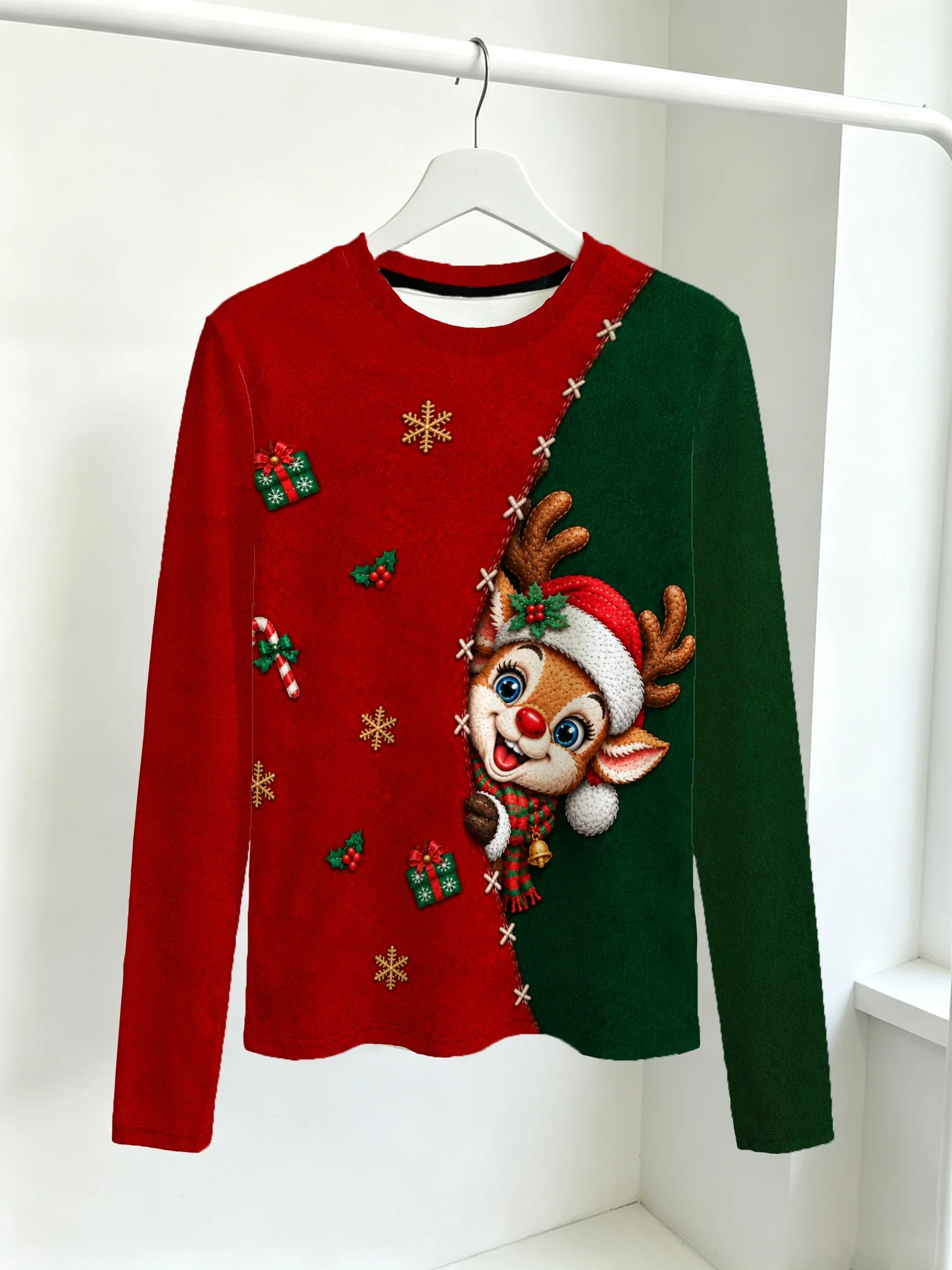Women Long Sleeve Top 3D Print Christmas Reindeer Gift Snowflake Round Neck Holiday Casual Tops Women's Clothes