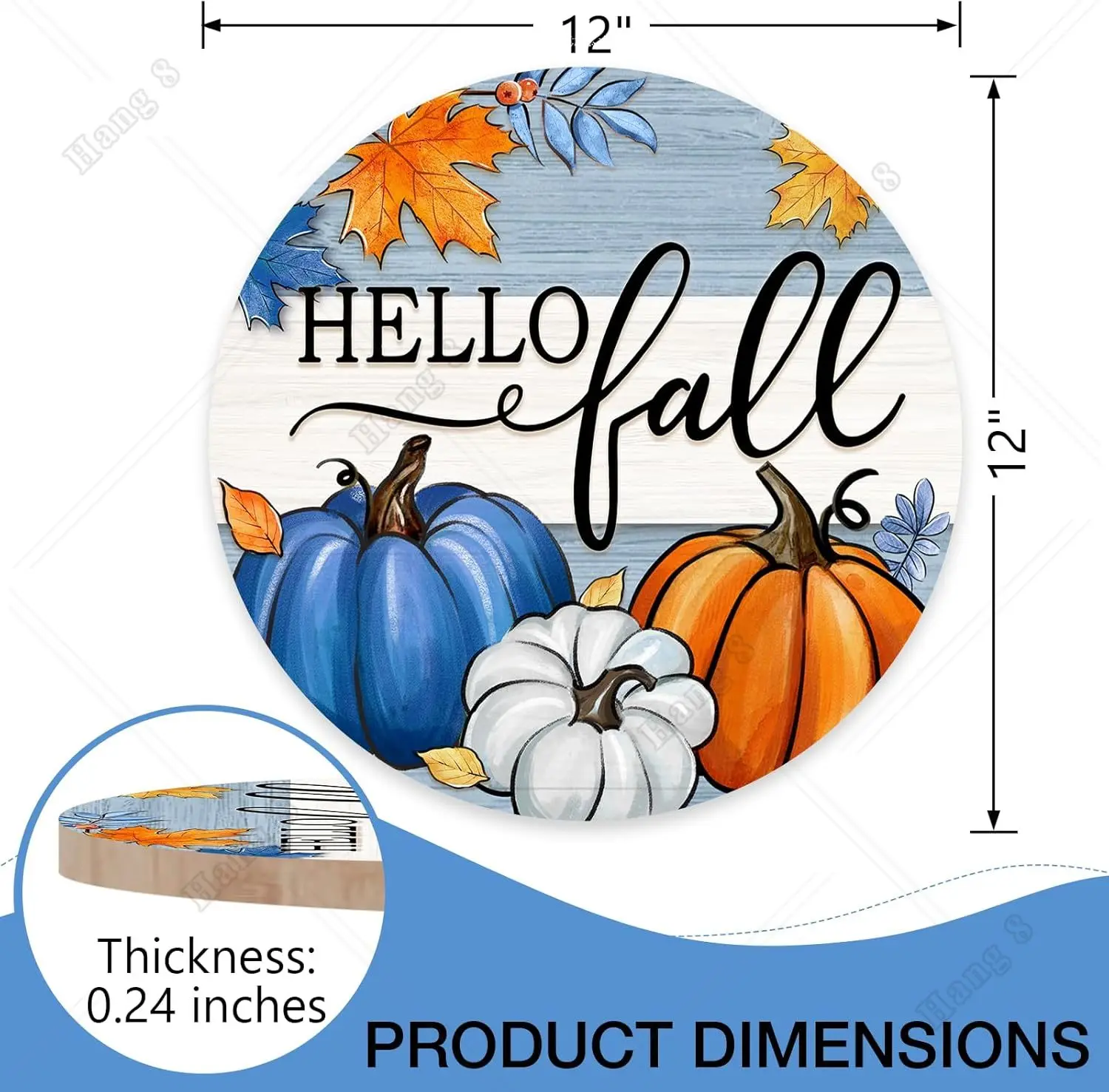 Hello Fall Blue White Pumpkin Front Door Sign Autumn Maple Leaves Stripes Wood Door Hanger Outdoor Outside Porch Decor