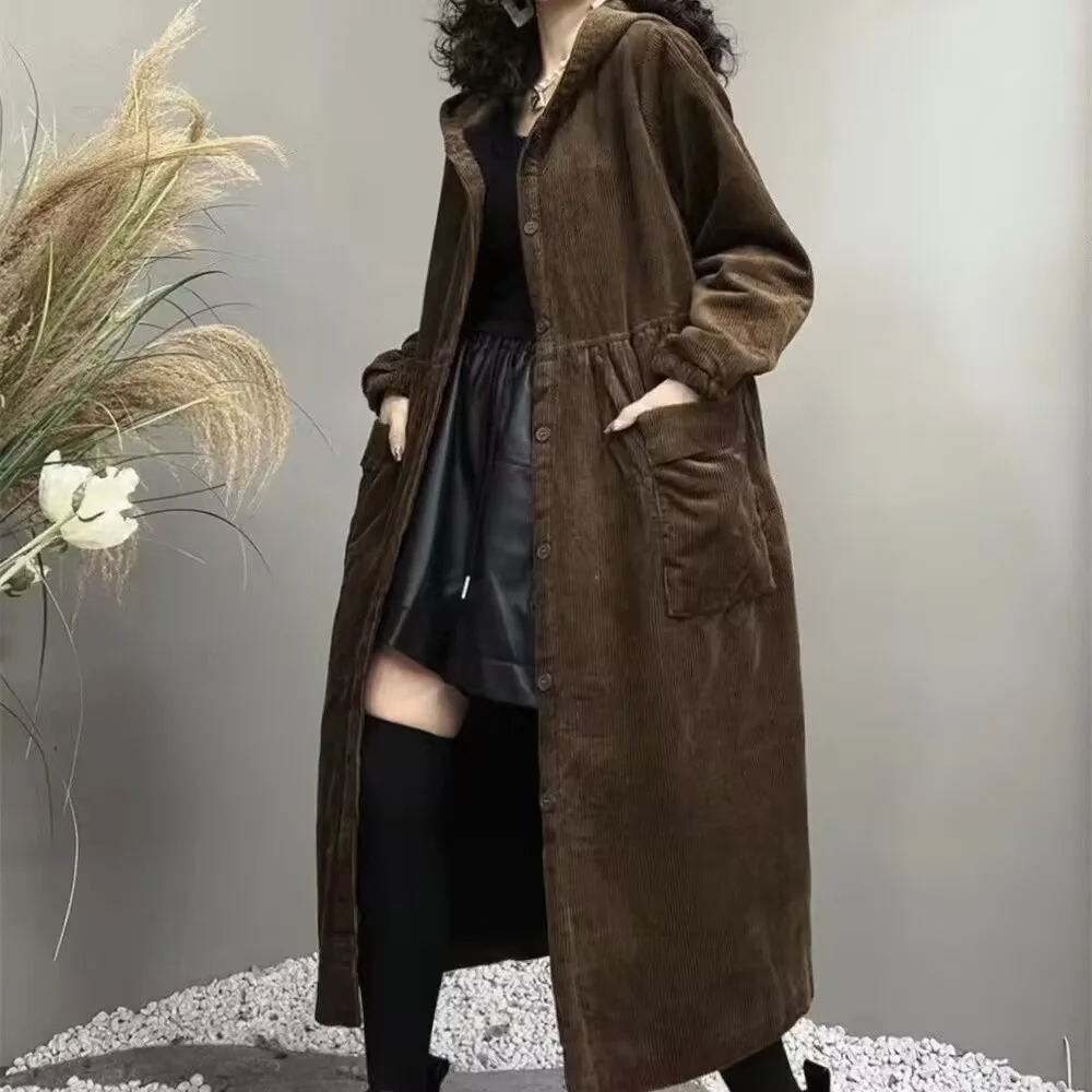 2026 Autumn and Winter Thick Coat Fashion Large Brown Windbreaker Big Pocket Women\'s Loose Versatile Corduroy Hooded Coat 6XL