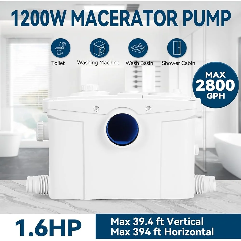 

1200 Вт Upflush Macerator Насос для туалета Канализационный насос Автоматический 39,4 фута с высоким подъемом 5000 об/мин 5 входов 2 розетки
