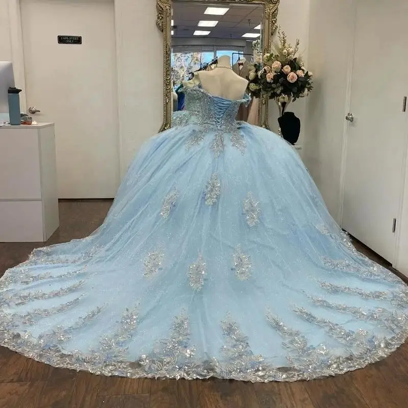 Customized Applique Blue Quinceanera Dresses Sliver Beading Lace Vestidos De 15 Anos Corset Birthday Princess Party Gowns