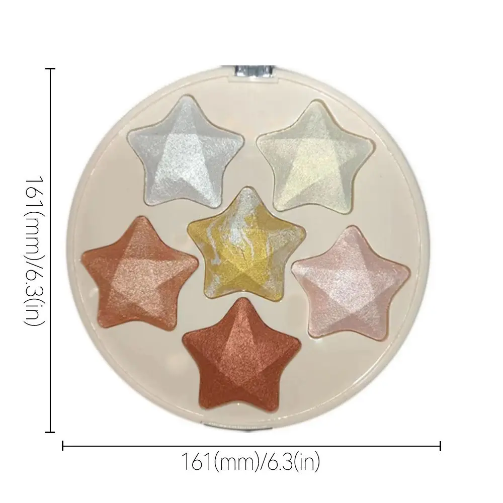 Cinco Pontas Estrela Glitter Highlighter Paleta, Contorno Rosto, Blush Natural, Pó Destaque Impermeável, 6 Cores