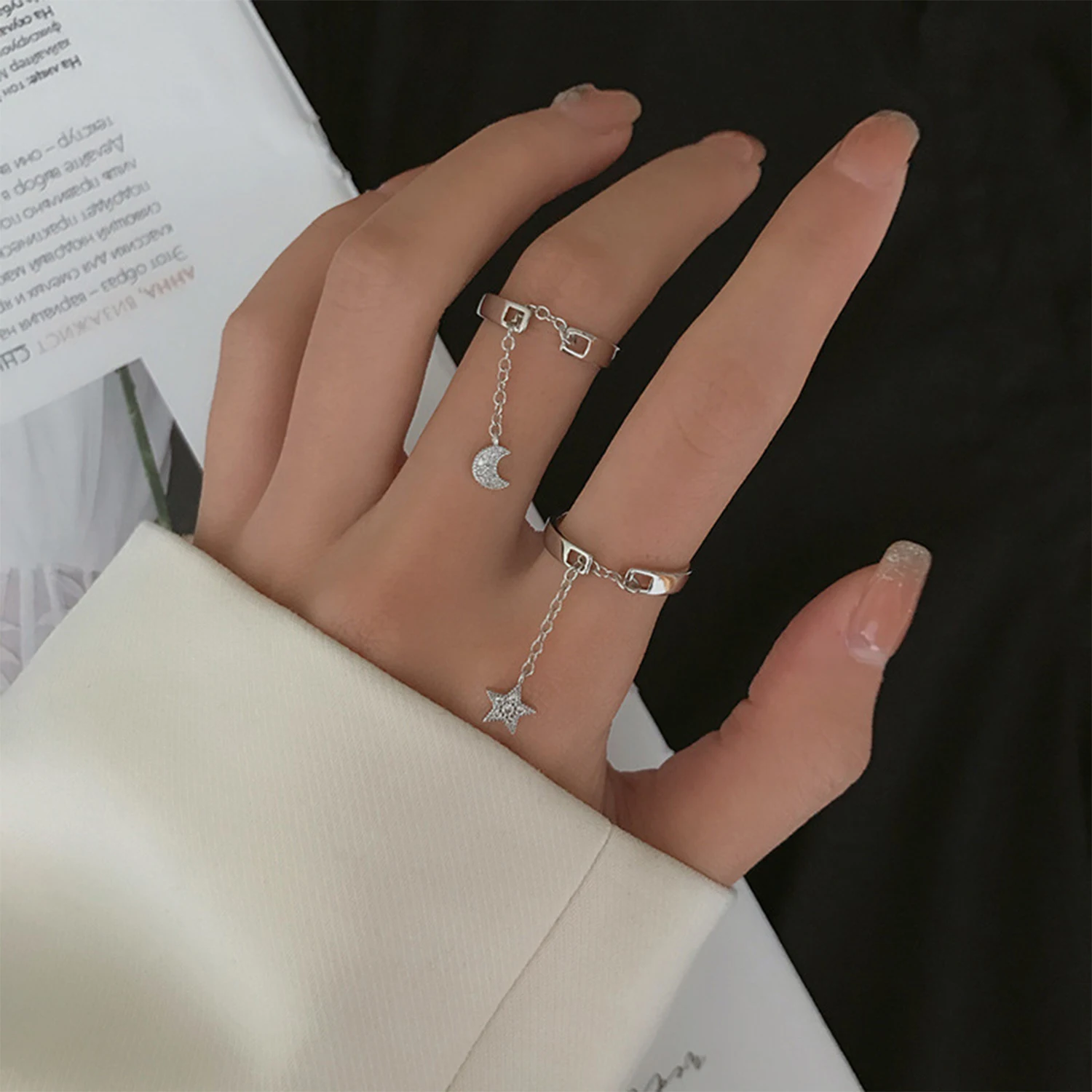 Korean Fashion Moon Star Chain Tassels Ring Adjustable Simple Women Finger Ring Minimalist Trendy Ins Silver Color Jewelry