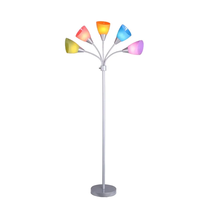 Lampada da terra a 5 luci, paralumi multicolori, finitura in metallo argentato, moderna, per giovani adulti