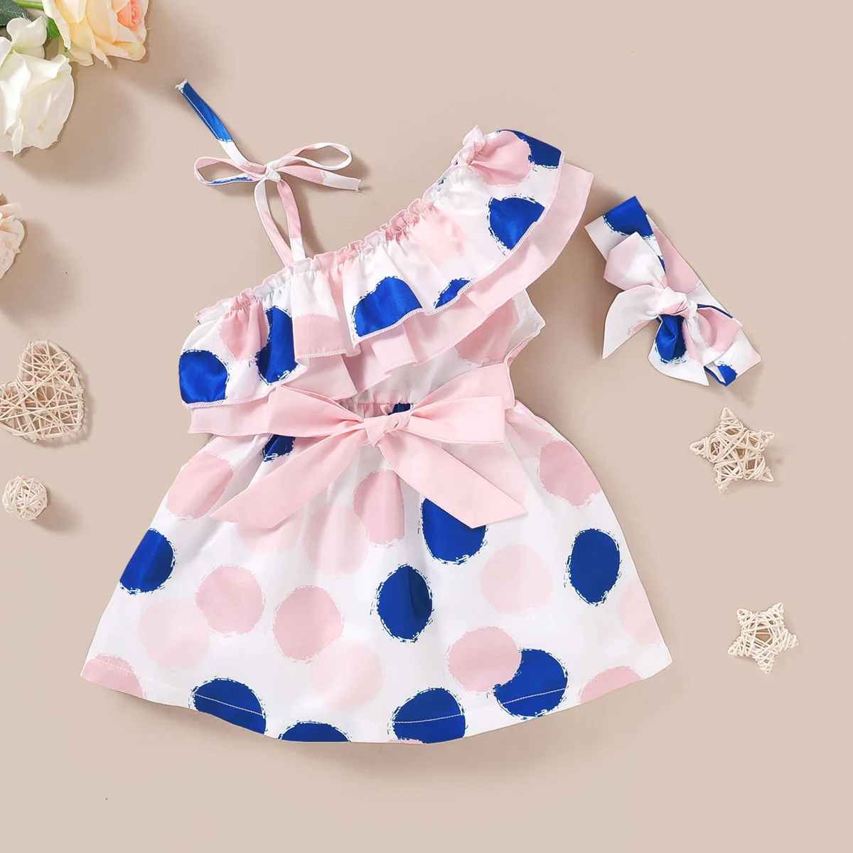 Kids Girl Dress Toddler Baby Girl Pink Polka Dot Print Strap Holiday Party Dress with Headband 2PCS Outfit