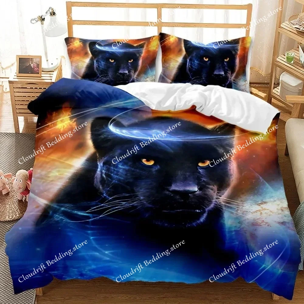 3D Black Panther Duvet Cover Set Kids Boys Girls Comforter Cover Blue Fire Wild Animal Polyester 3PCS Fashion Bedding Set