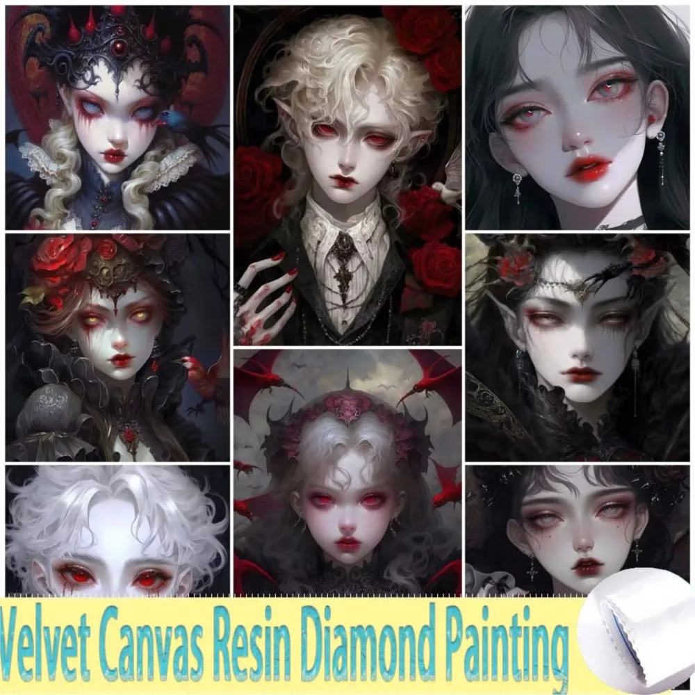 Gothic Diamond Embroidery Vampire Girl Witch 5D Velvet Canvas Resin Diamond Painting Dark Woman Mosaic Picture Cross Stitch Kits