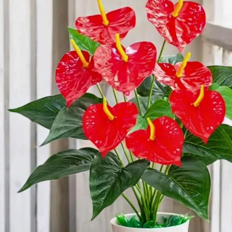 Plante artificielle Anthurium de qualité supérieure à 18 têtes, 60 cm, rouge et verte, en plastique, pour la décoration extérieure de jardin, de véranda, de fenêtre et de maison.