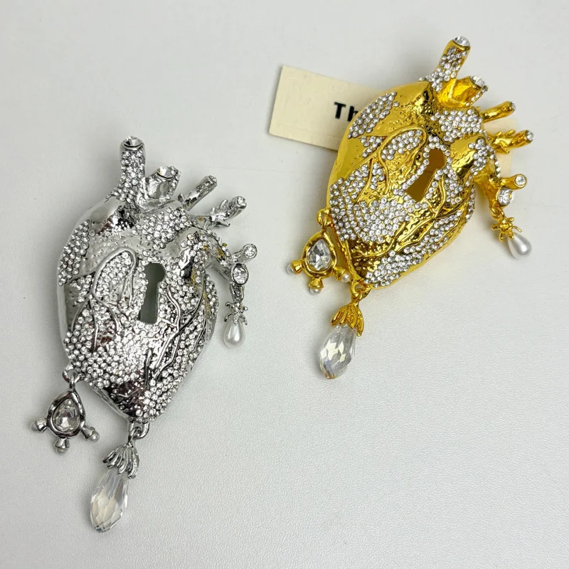 

Luxury Gothic 3D Heart Brooch with Teardrop Crystal and Pearl Drop Accents cool fashion jewelry