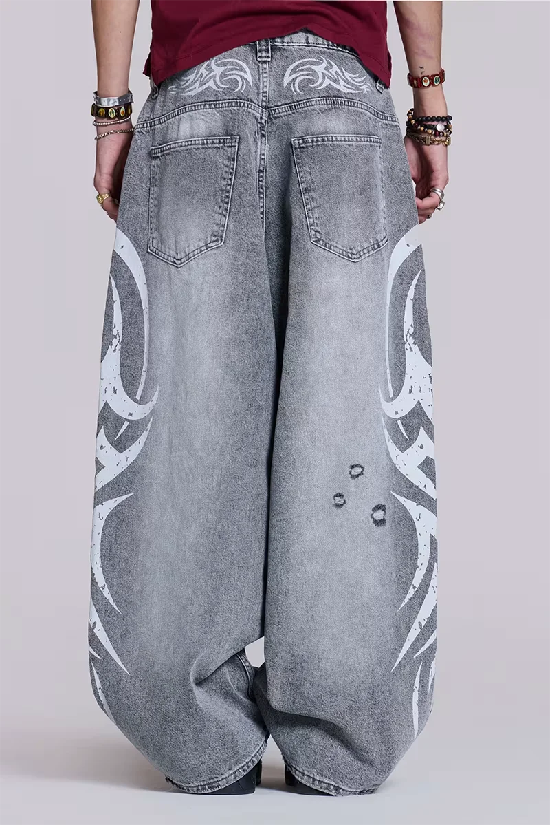 Streetwear Y2K Fashion Oversized Printed Washed Holes Baggy Jeans Men Harajuku Hip Hop Vintag Gothic High Waist Wide-leg Pants