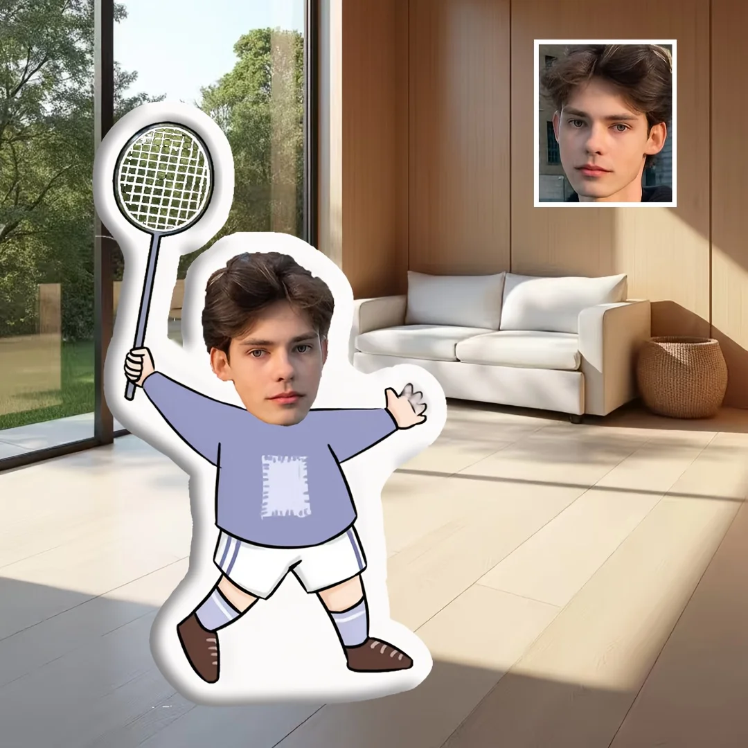 Unique Gift: a Personalized Custom Face Pillow Shaped Like a Badminton, Featuring Your Photo. This Makes for a Special Surprise