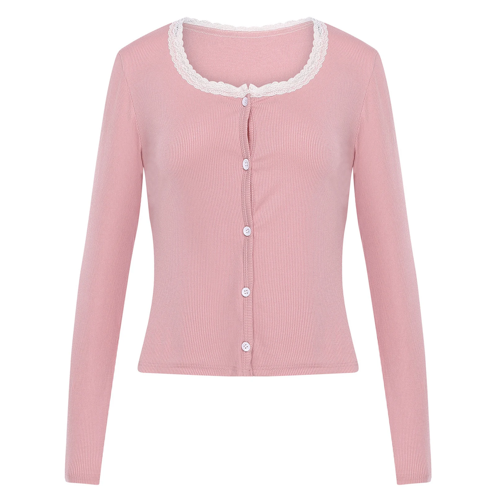 Cardigan lavorato a maglia casual da donna a maniche lunghe con bottoni sul davanti, scollo in pizzo, coprispalle corto, maglione, capispalla per l'uso quotidiano in ufficio