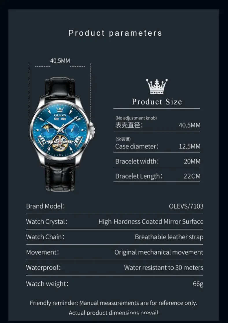 OLEVS 7103 Automatic Men Watch Hollowed Flywheel Luxury Brand Original Mechanical Wristwatch Moon Phase Business Watches for Man
