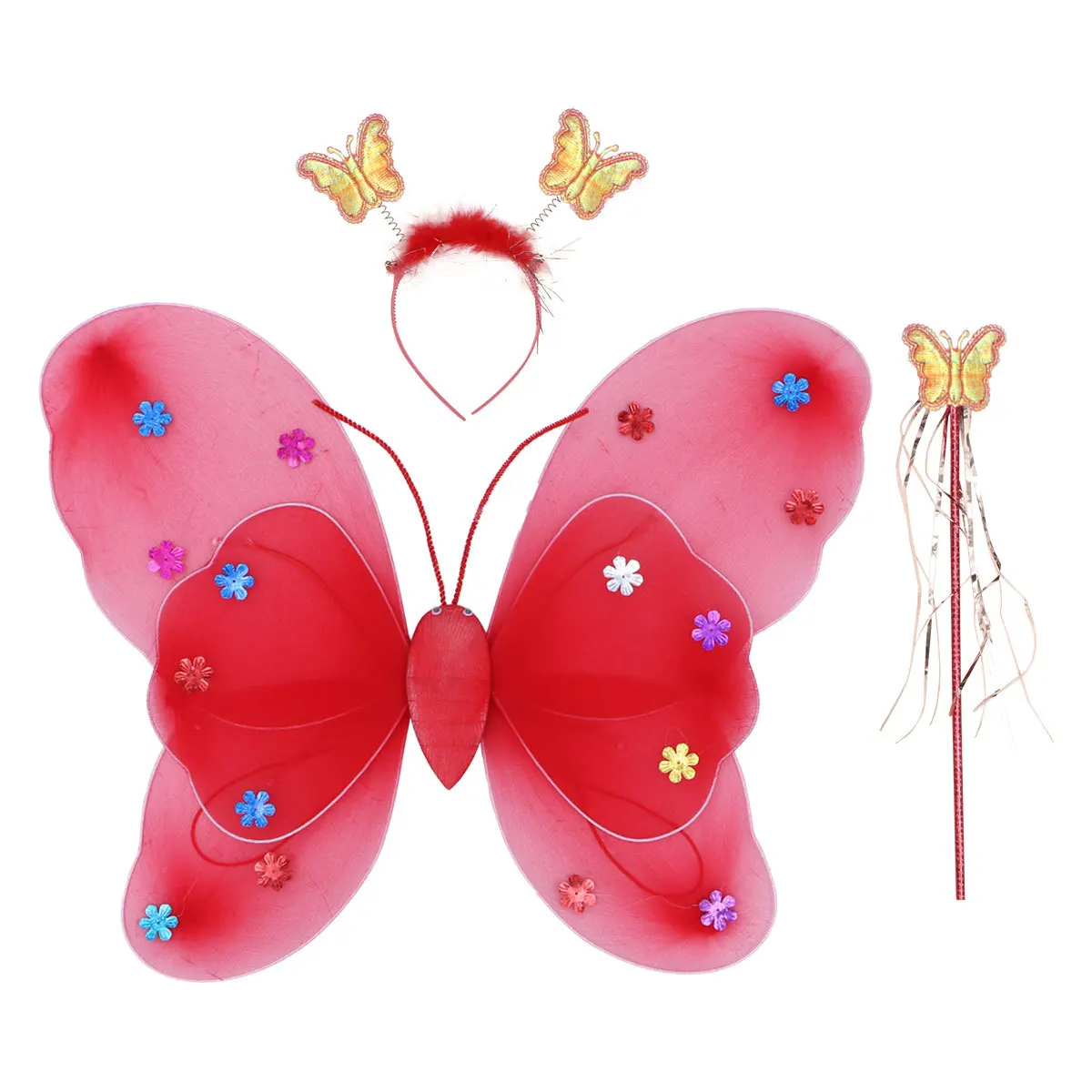 3 pièces LED éclairer ailes de fée rouge Double couche bretelles élastiques bandeau baguette ensemble filles Costume fête habiller ensemble de fée