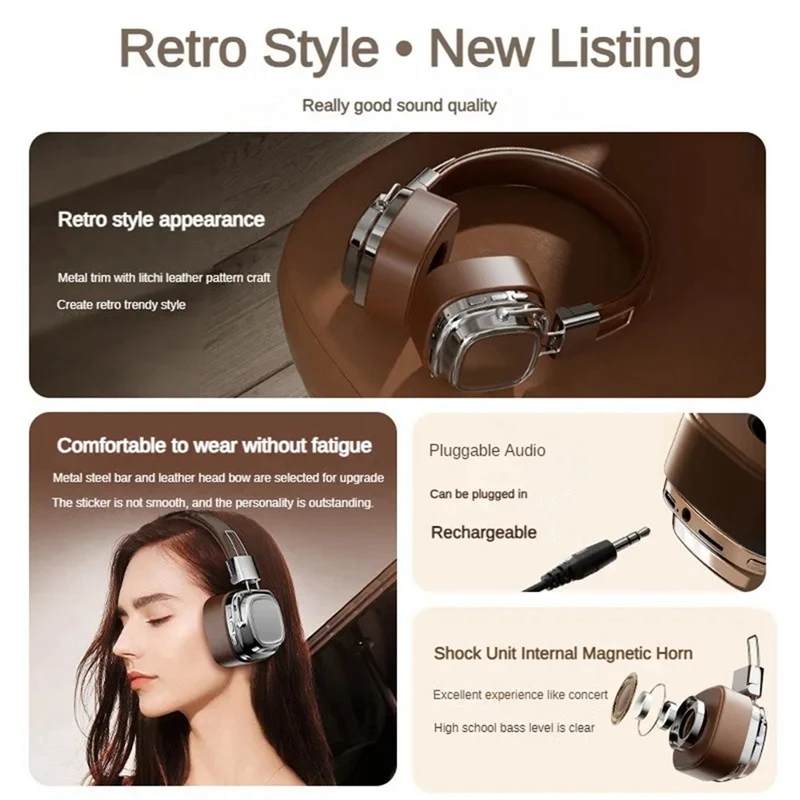 Retro Headphones Studio Dj Estéreo Bluetooth 5.3 Controle de toque sem fio Tipo C Fones de ouvido