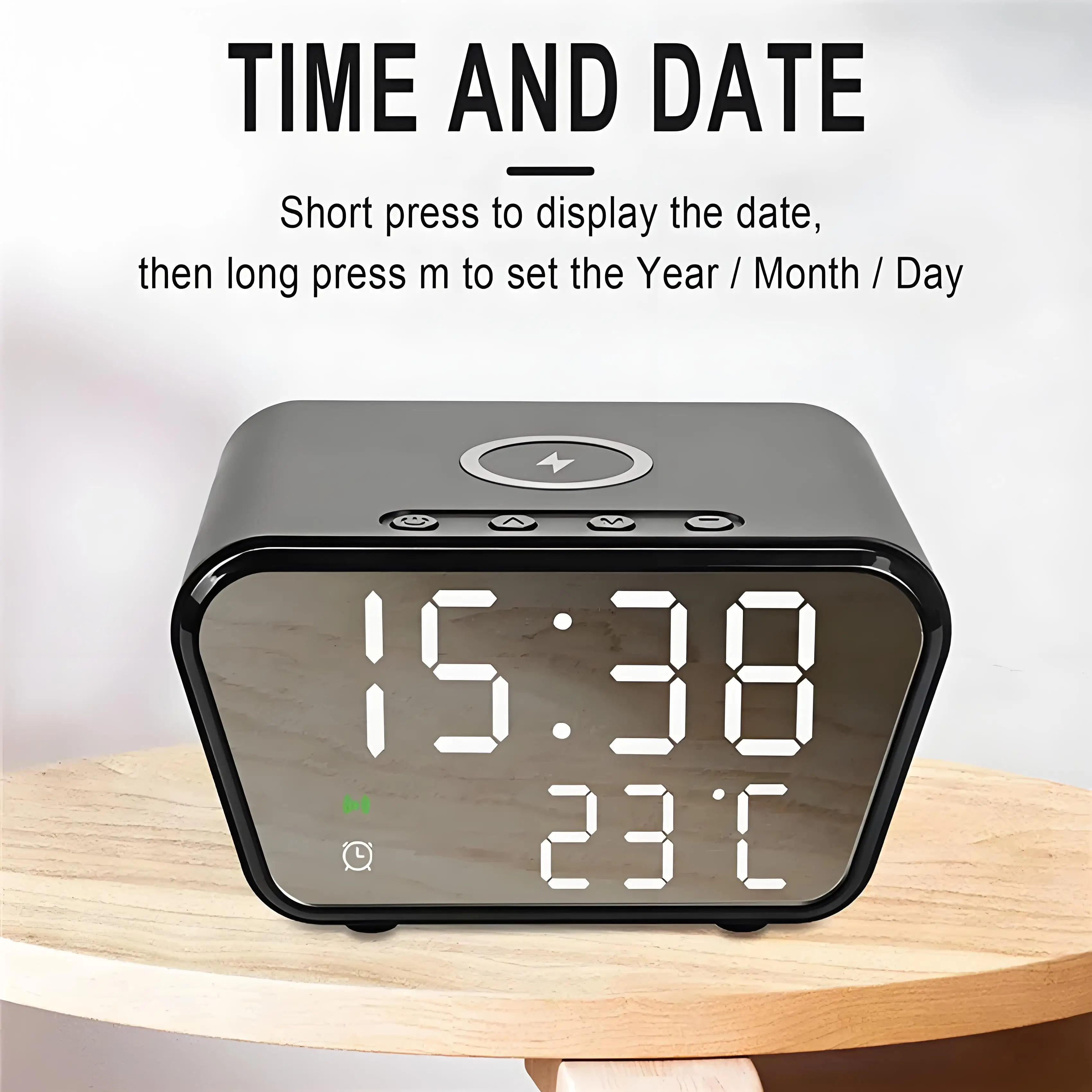 Alarm clock 15W wireless charging alarm clock intelligent wireless charger time calendar temperature display LED digital clock