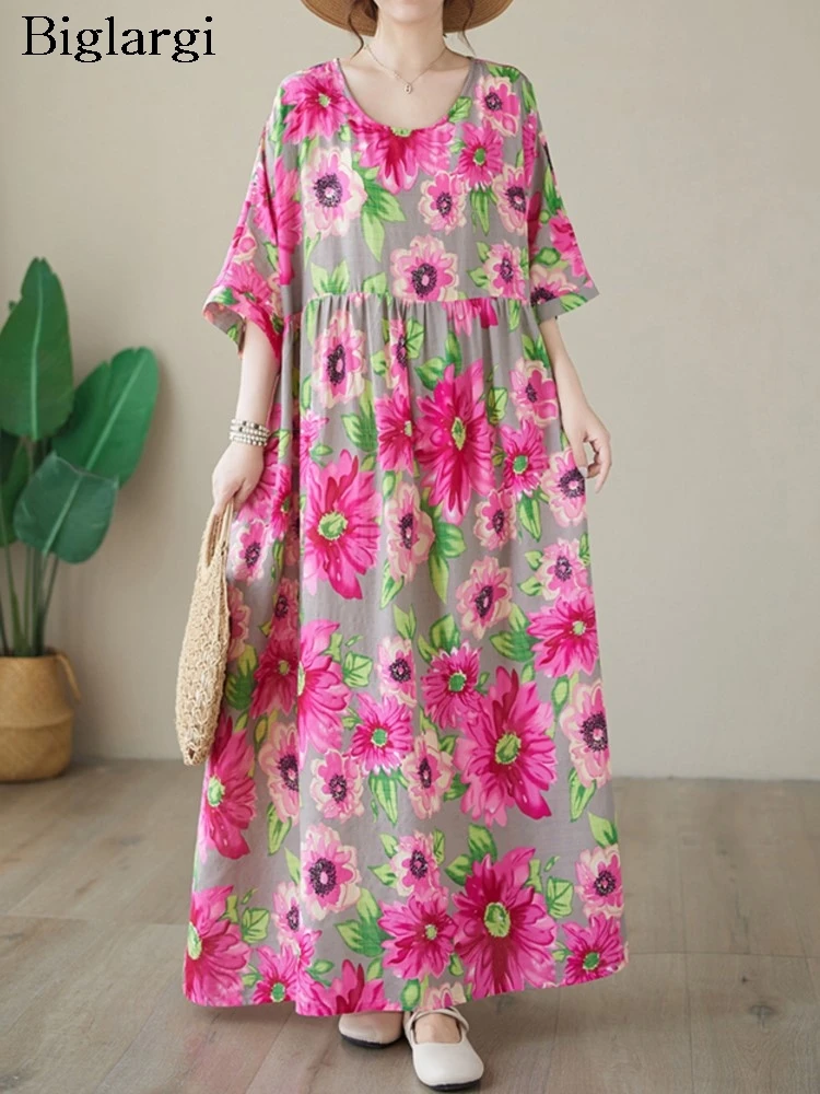 

Oversized Pink Flower Floral Summer A-Line Long Dress Women Ruffle Pleated Loose Fashion Ladies Dresses Short Sleeve Woman Dress