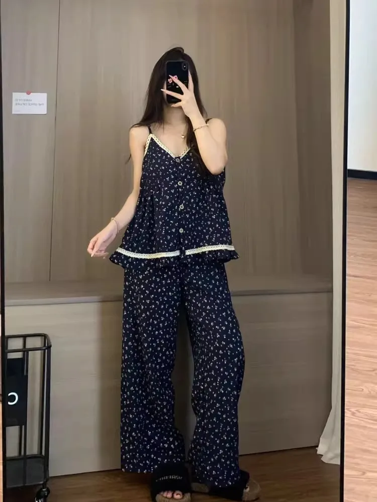 夏の新しい女性のパジャマセット花柄プリント長ズボン V ネックノースリーブツーピースゆったり快適なホーム服衣装 1