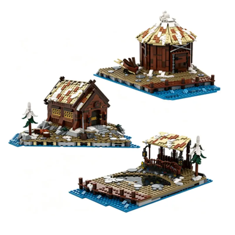 MOC Three Viking Village Hut Building Expansion Castle Small Particle Assembly Building Blocks Adult Collectible Model Toys