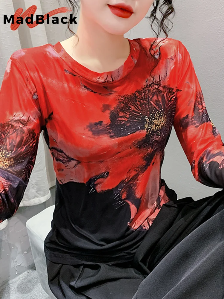 

MadBlack European Clothes Tshirt Women Round Collar Shiny Beaded Print Slim Tops Long Sleeve Elastic Tees Autumn T30504JM