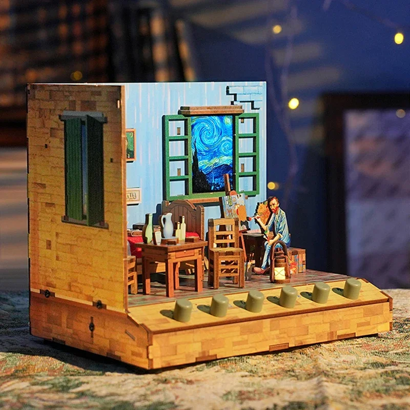 Animation Assembly House Van Gogh's Bedroom DIY Handmade Pop-up Book Building Block Toy Wooden Miniature Model Birthday Gift