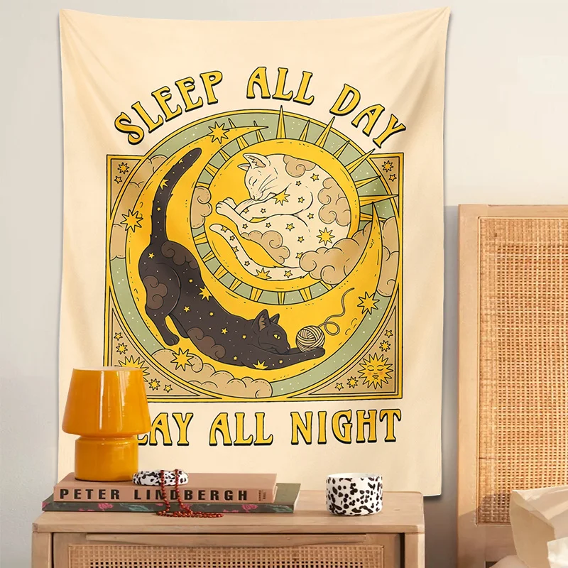 1pc Sonne Mond Katze Tapisserie Polyester Wandbehang Tarot Retro Schwarz Weiß Katze Psychedelic Liebe Stern Design Für Wohnzimmer hause
