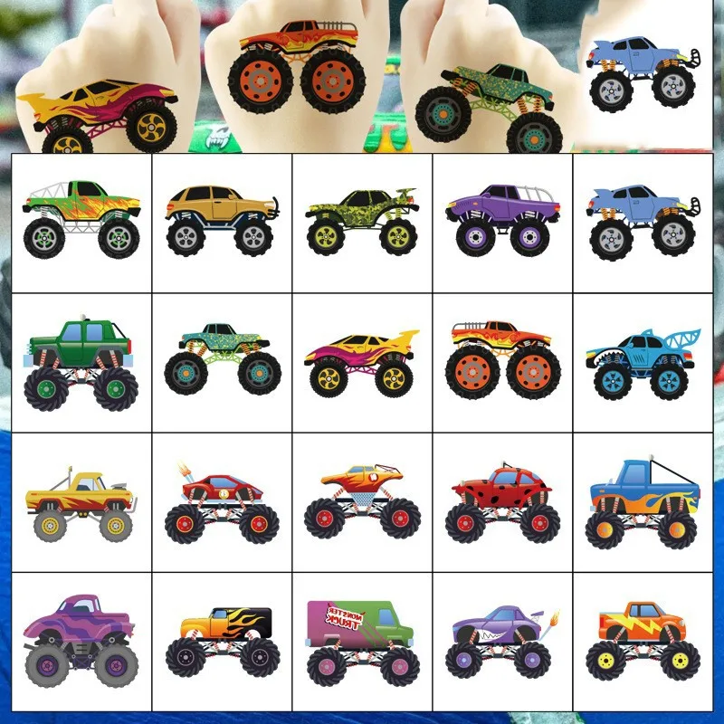 20 sztuk/zestaw Tatuaże tymczasowe Monster Truck, wodoodporne tatuaże z motywem kreskówkowych samochodów, zabawny prezent urodzinowy