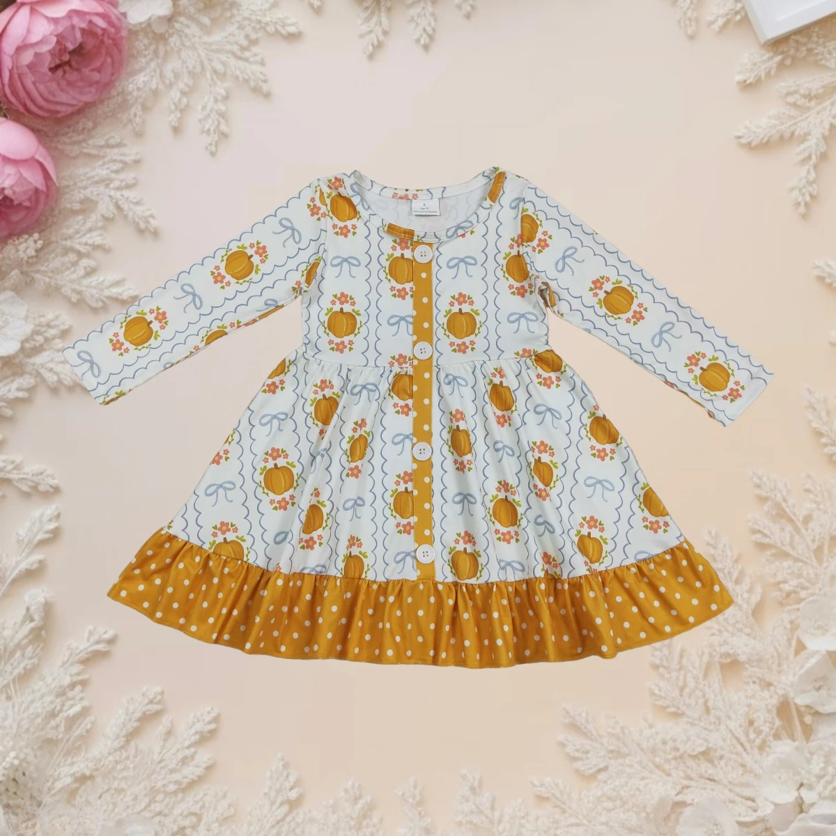 

Fashion Girl Princess Dresses Kids Baby Toddler Long Sleeves Pumpkins Bows Plaid Button Ruffle Sweet Knee Length Dress Clothes