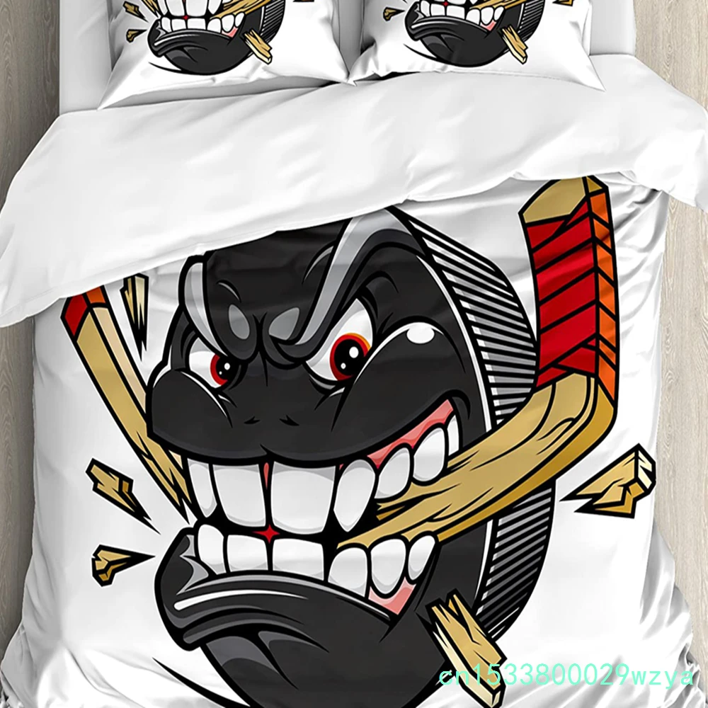 Hockey 3pcs Bedding Set Cartoon Hockey Puck Bites And Breaks Hoc Duvet Cover Set Bed Set Quilt Cover Pillow Case Comforter Cover